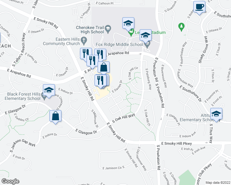 map of restaurants, bars, coffee shops, grocery stores, and more near 25980 East Davies Drive in Aurora