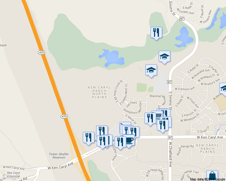 map of restaurants, bars, coffee shops, grocery stores, and more near 7229 South Mount Holy Cross Street in Littleton