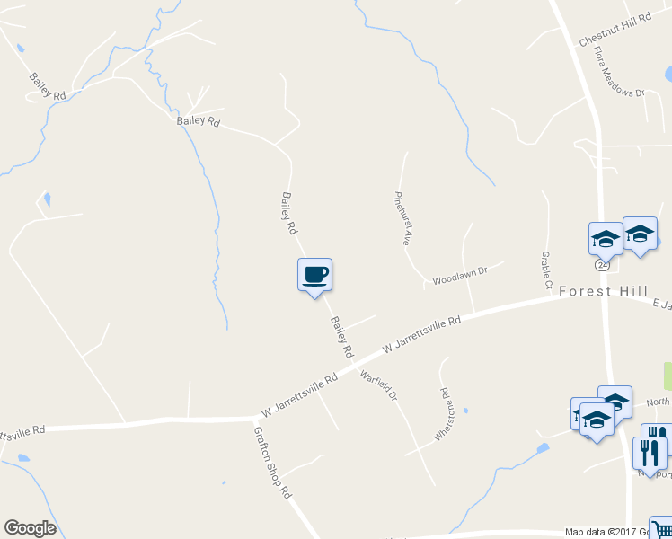 map of restaurants, bars, coffee shops, grocery stores, and more near 2435 Bailey Road in Forest Hill