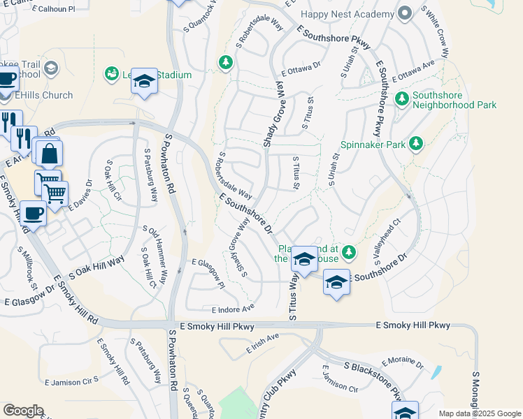 map of restaurants, bars, coffee shops, grocery stores, and more near 26981 East Roxbury Place in Aurora