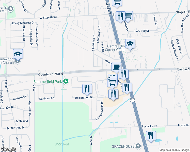 map of restaurants, bars, coffee shops, grocery stores, and more near 20 Snowflake Circle in Greenwood