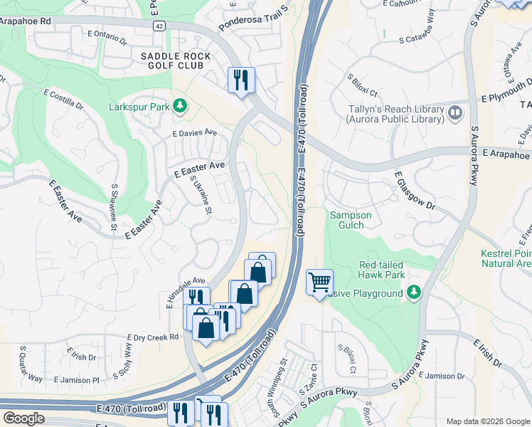 map of restaurants, bars, coffee shops, grocery stores, and more near 22920 East Roxbury Drive in Aurora