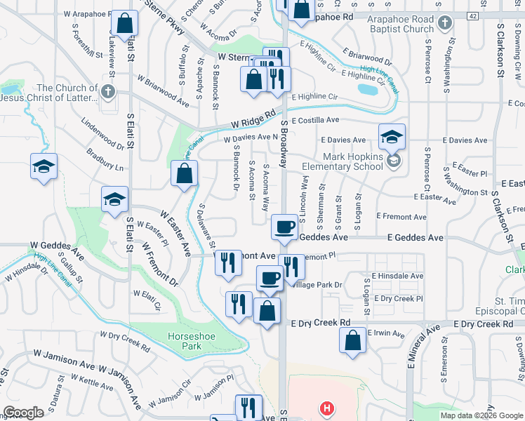 map of restaurants, bars, coffee shops, grocery stores, and more near 7225 South Acoma Way in Littleton