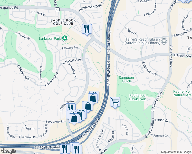 map of restaurants, bars, coffee shops, grocery stores, and more near 22920 East Roxbury Drive in Aurora