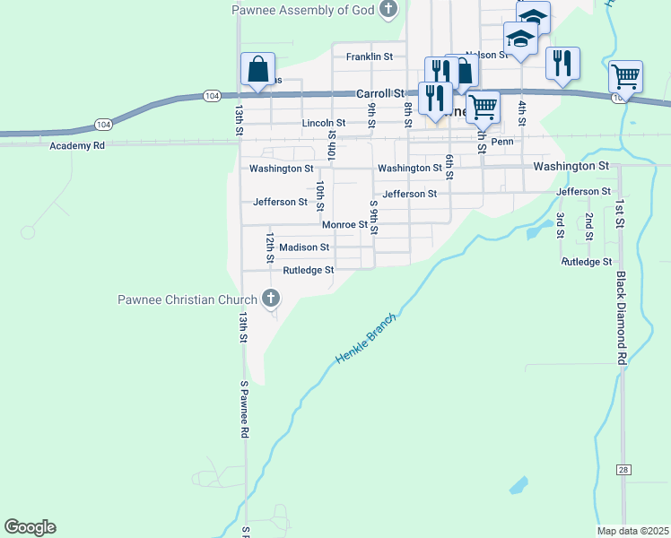 map of restaurants, bars, coffee shops, grocery stores, and more near 101 South 10th Street in Pawnee