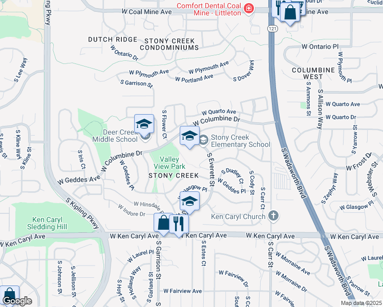 map of restaurants, bars, coffee shops, grocery stores, and more near 7203 South Everett Street in Littleton