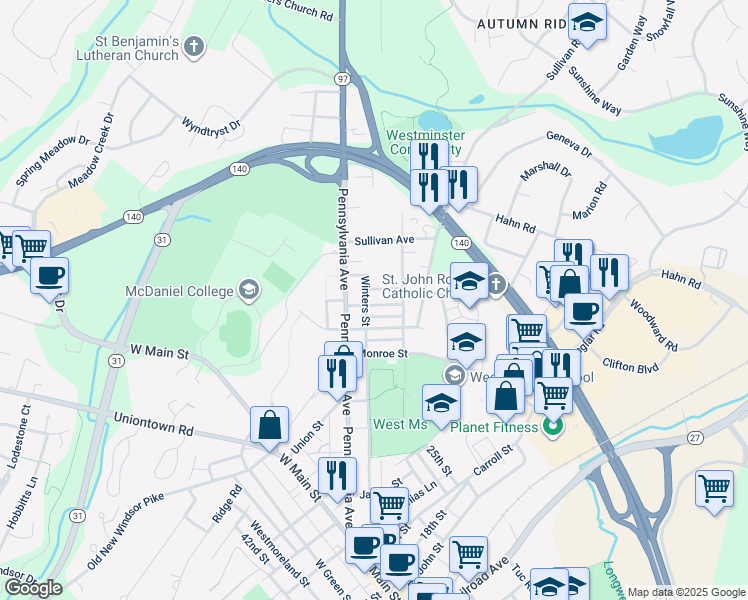 map of restaurants, bars, coffee shops, grocery stores, and more near 7 Ward Avenue in Westminster