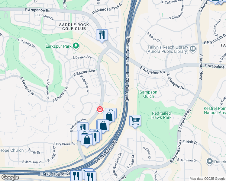 map of restaurants, bars, coffee shops, grocery stores, and more near 22920 East Roxbury Drive in Aurora