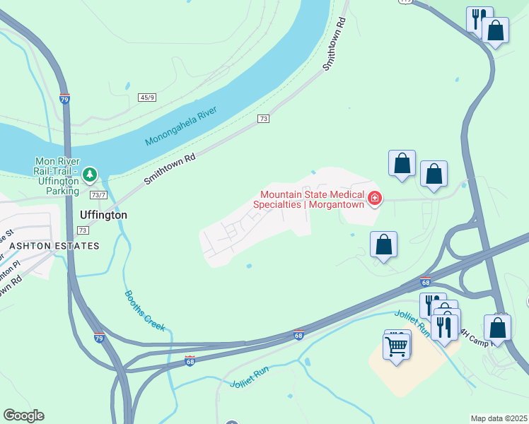 map of restaurants, bars, coffee shops, grocery stores, and more near 1404 Brunswick Court in Morgantown