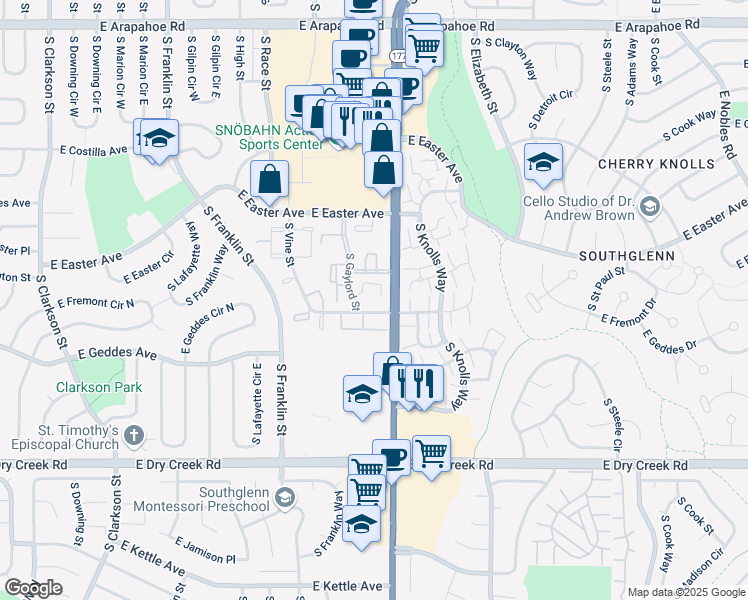 map of restaurants, bars, coffee shops, grocery stores, and more near 2390 East Fremont Avenue in Centennial