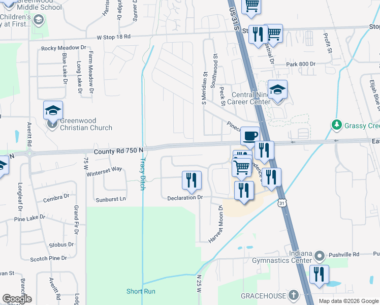 map of restaurants, bars, coffee shops, grocery stores, and more near 92 Snowflake Circle in Greenwood