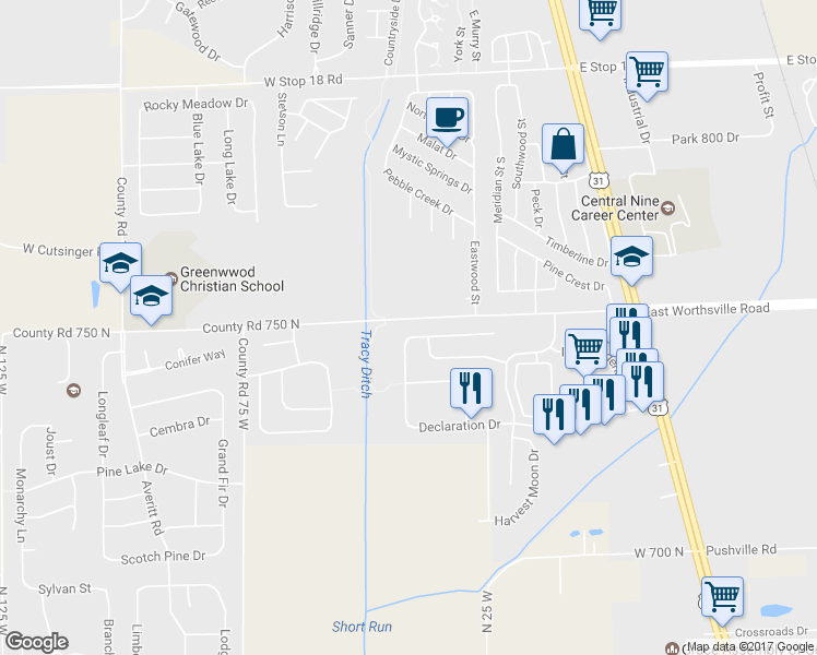 map of restaurants, bars, coffee shops, grocery stores, and more near 2122 Summer Breeze Way in Greenwood