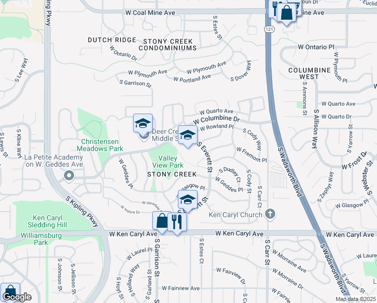 map of restaurants, bars, coffee shops, grocery stores, and more near 7203 South Everett Street in Littleton