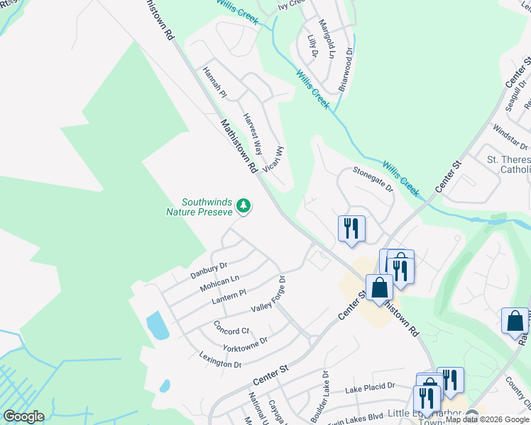 map of restaurants, bars, coffee shops, grocery stores, and more near 307 Mathistown Road in Ocean County