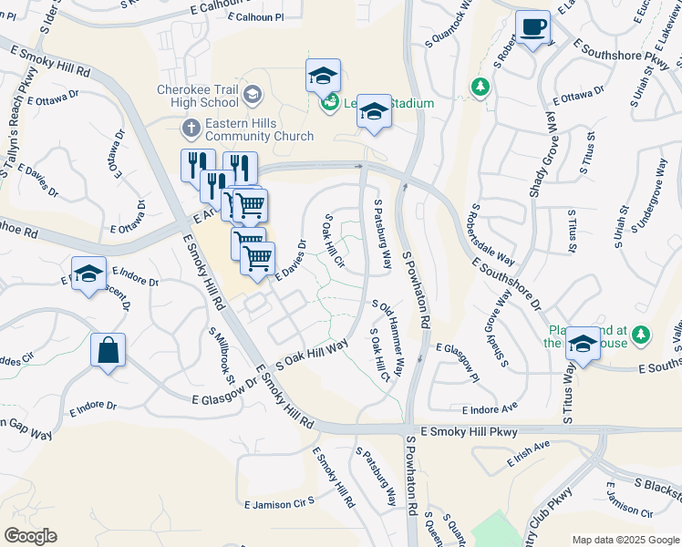 map of restaurants, bars, coffee shops, grocery stores, and more near 7201 South Oak Hill Circle in Aurora