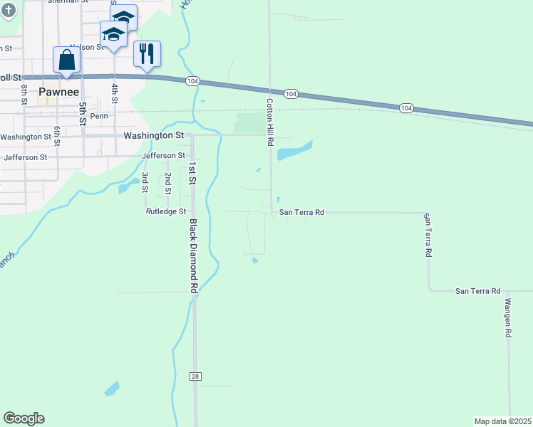 map of restaurants, bars, coffee shops, grocery stores, and more near 24 Tamaroa Drive in Pawnee