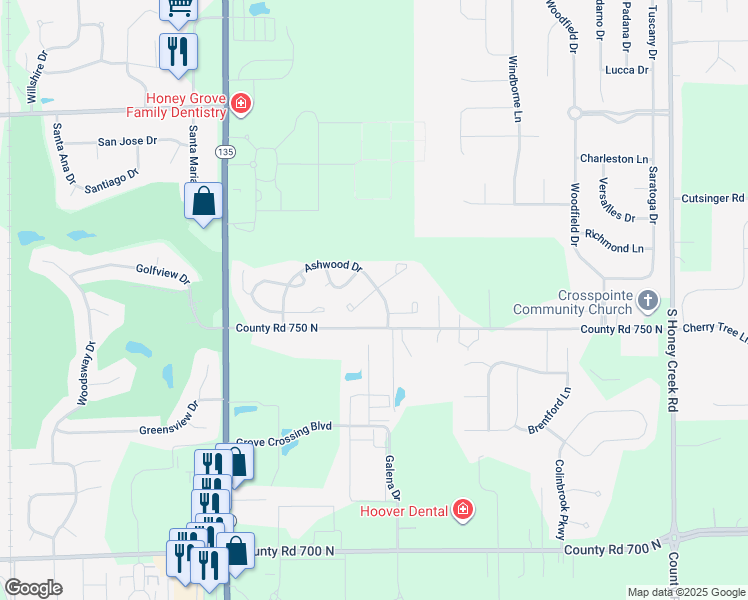 map of restaurants, bars, coffee shops, grocery stores, and more near 1588 Hazelwood Court West in Greenwood