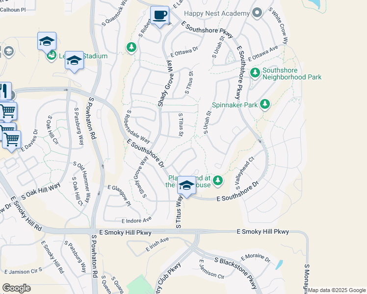 map of restaurants, bars, coffee shops, grocery stores, and more near 27168 East Roxbury Place in Aurora
