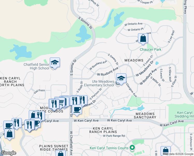 map of restaurants, bars, coffee shops, grocery stores, and more near 11198 West Roxbury Avenue in Littleton