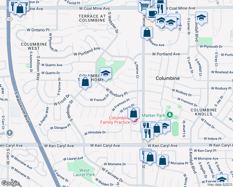 map of restaurants, bars, coffee shops, grocery stores, and more near 7113 West Roxbury Place in Littleton