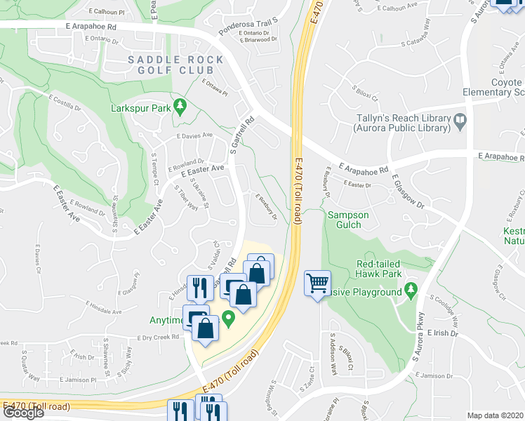 map of restaurants, bars, coffee shops, grocery stores, and more near 22920 East Roxbury Drive in Aurora