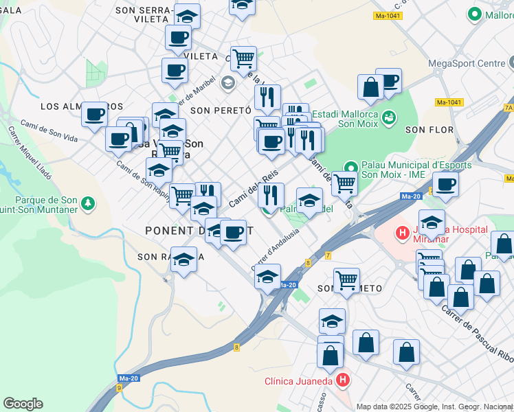 map of restaurants, bars, coffee shops, grocery stores, and more near Carrer de Castellà la Manxa in Illes Balears