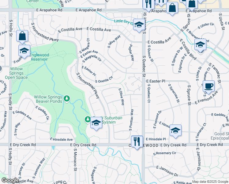 map of restaurants, bars, coffee shops, grocery stores, and more near 7121 South Olive Way in Centennial
