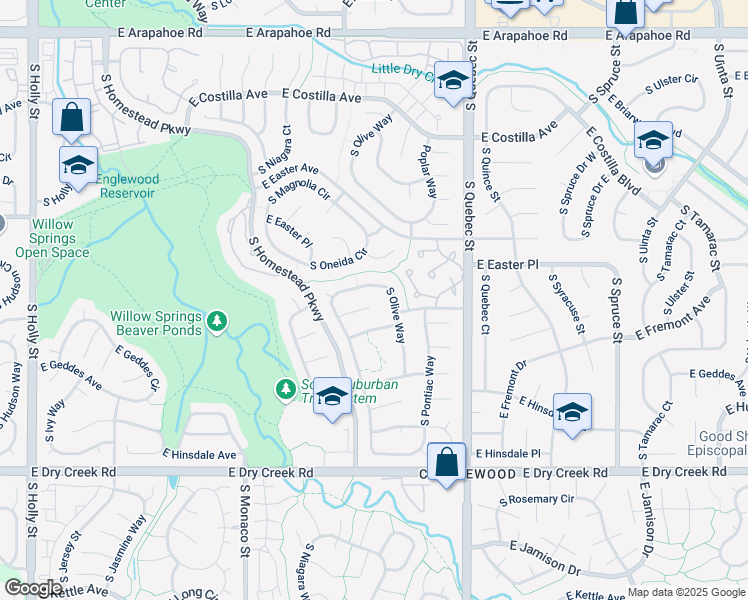 map of restaurants, bars, coffee shops, grocery stores, and more near 7121 South Olive Way in Centennial