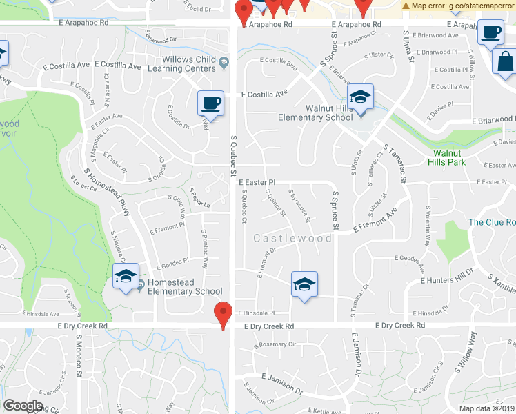 map of restaurants, bars, coffee shops, grocery stores, and more near 7430 East Easter Drive in Centennial