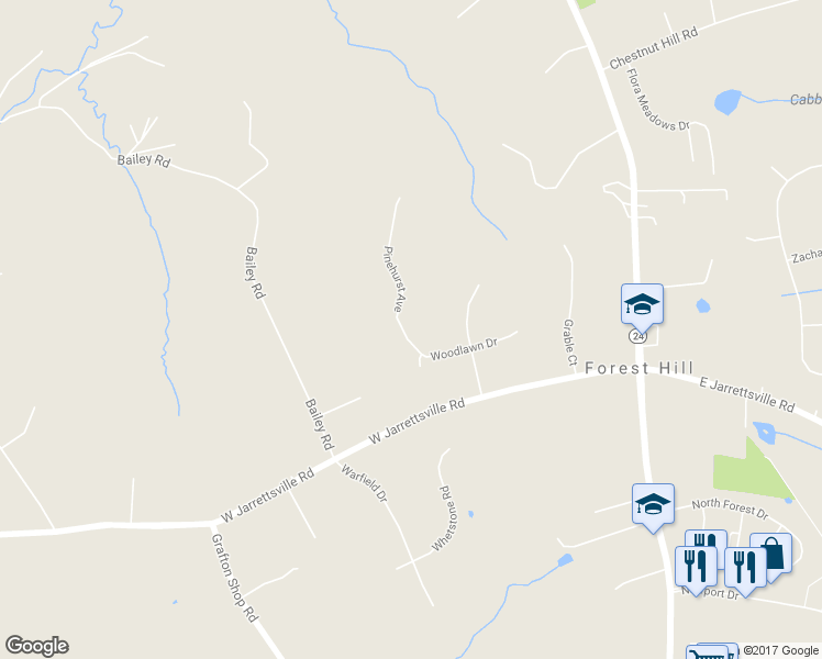 map of restaurants, bars, coffee shops, grocery stores, and more near 2503 Pinehurst Avenue in Forest Hill