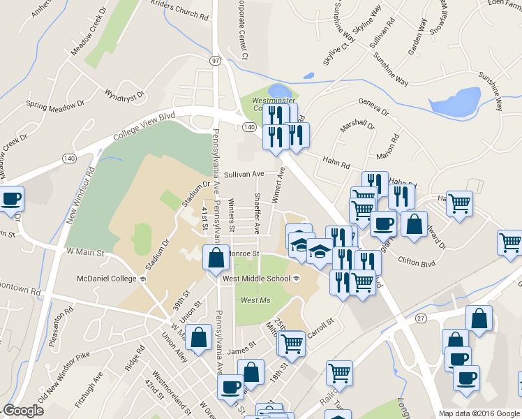 map of restaurants, bars, coffee shops, grocery stores, and more near 172 Shaeffer Avenue in Westminster