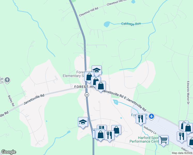map of restaurants, bars, coffee shops, grocery stores, and more near 2407 Rocks Road in Forest Hill