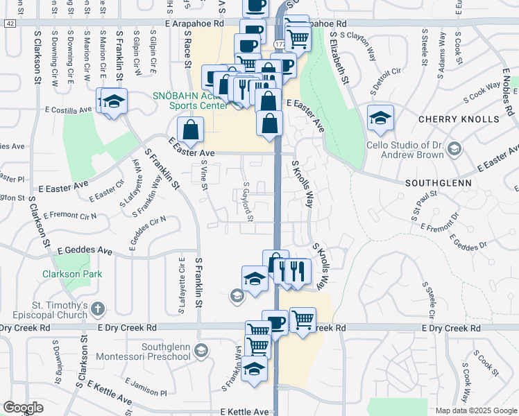map of restaurants, bars, coffee shops, grocery stores, and more near 2390 East Fremont Avenue in Centennial