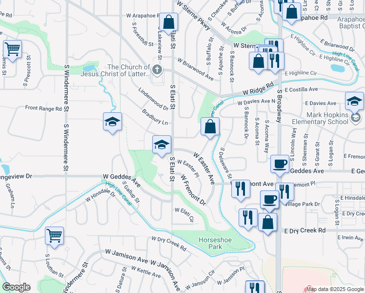 map of restaurants, bars, coffee shops, grocery stores, and more near 707 West Easter Avenue in Littleton