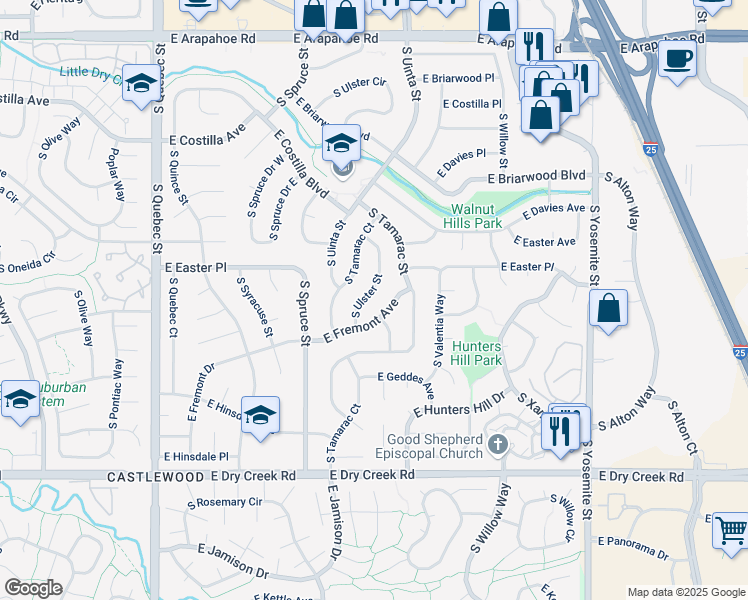 map of restaurants, bars, coffee shops, grocery stores, and more near 7158 South Ulster Street in Centennial