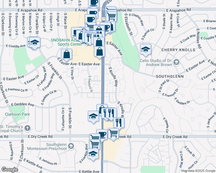 map of restaurants, bars, coffee shops, grocery stores, and more near 2474 East Fremont Court in Centennial