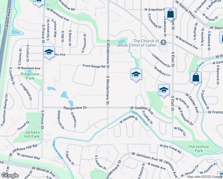 map of restaurants, bars, coffee shops, grocery stores, and more near 7128 South Windermere Street in Littleton