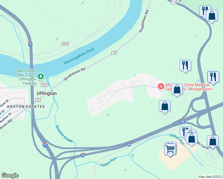 map of restaurants, bars, coffee shops, grocery stores, and more near 1404 Brunswick Court in Morgantown