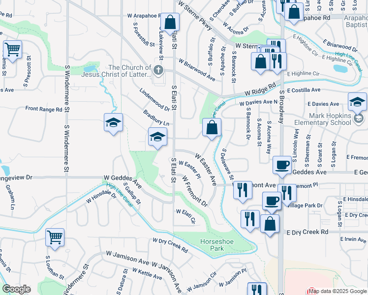 map of restaurants, bars, coffee shops, grocery stores, and more near 707 West Easter Avenue in Littleton