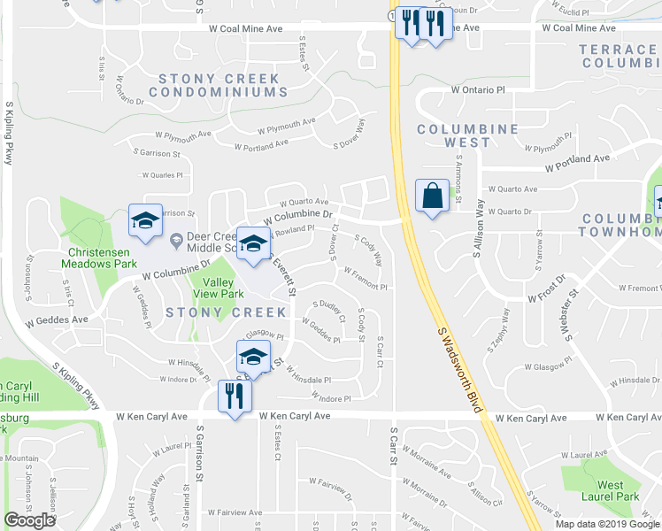 map of restaurants, bars, coffee shops, grocery stores, and more near 7215 South Dover Court in Littleton