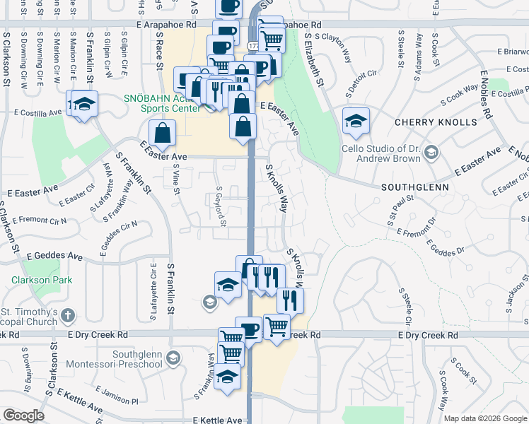 map of restaurants, bars, coffee shops, grocery stores, and more near 2474 East Fremont Court in Centennial
