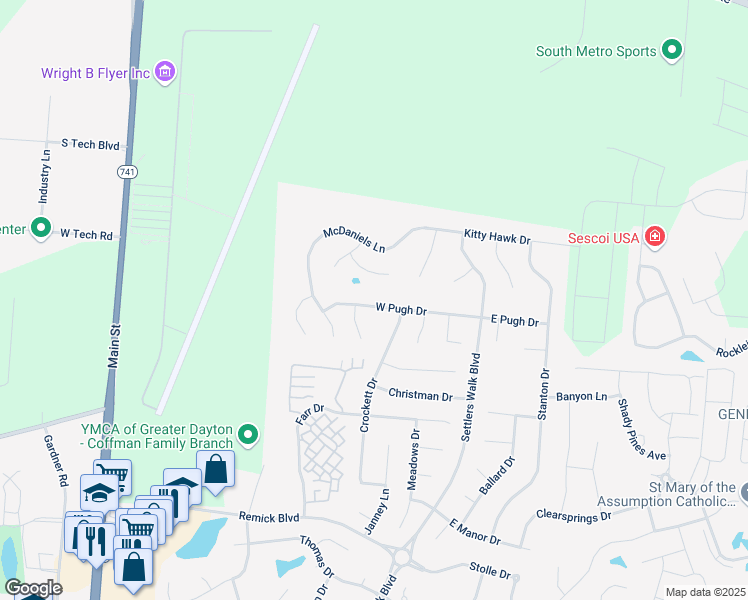 map of restaurants, bars, coffee shops, grocery stores, and more near 356 West Pugh Drive in Springboro