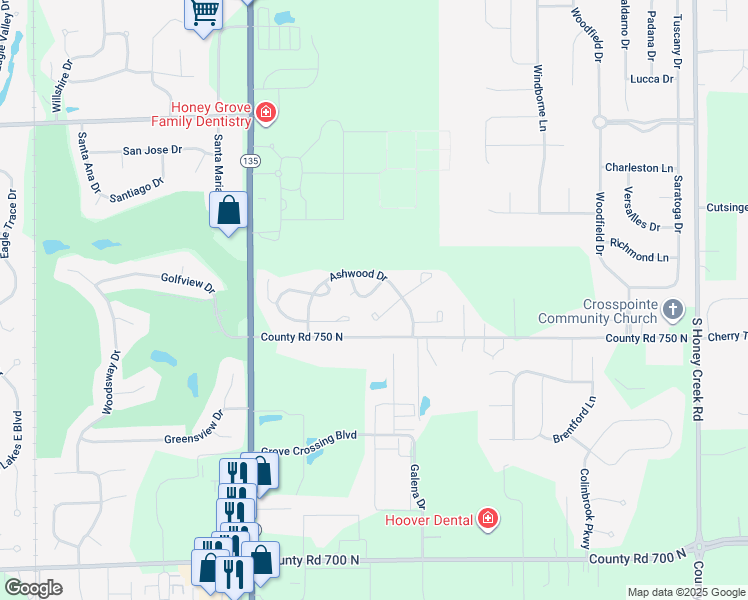 map of restaurants, bars, coffee shops, grocery stores, and more near 1619 Rosebud Lane in Greenwood