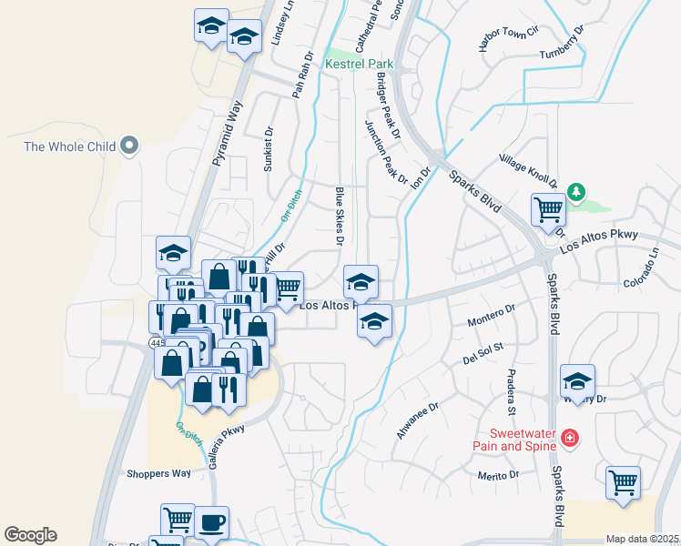 map of restaurants, bars, coffee shops, grocery stores, and more near 370 Blue Skies Drive in Sparks