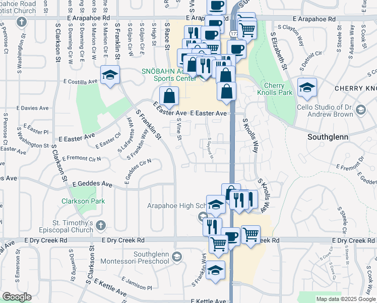 map of restaurants, bars, coffee shops, grocery stores, and more near 7224 South Vine Court in Centennial