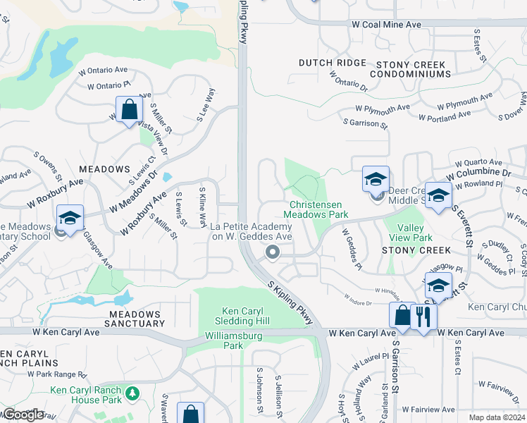 map of restaurants, bars, coffee shops, grocery stores, and more near 7192 South Johnson Street in Littleton