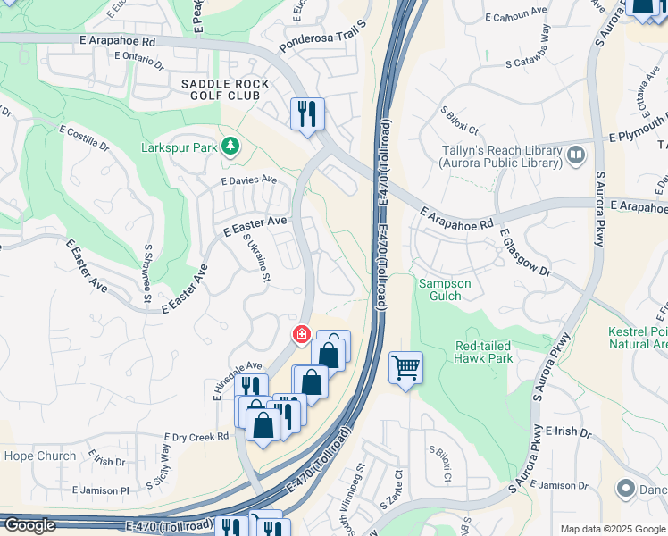 map of restaurants, bars, coffee shops, grocery stores, and more near 22920 East Roxbury Drive in Aurora
