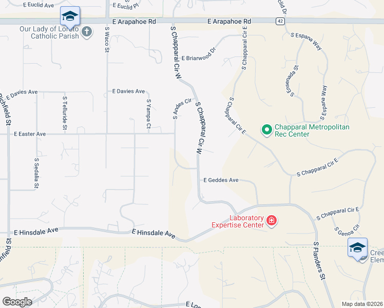 map of restaurants, bars, coffee shops, grocery stores, and more near 7169 South Chapparal Circle West in Centennial