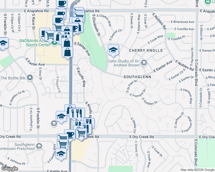 map of restaurants, bars, coffee shops, grocery stores, and more near 7233 South Fillmore Circle in Centennial