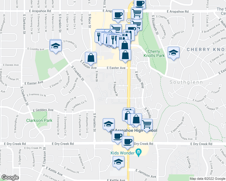 map of restaurants, bars, coffee shops, grocery stores, and more near 7275 South Gaylord Street in Centennial